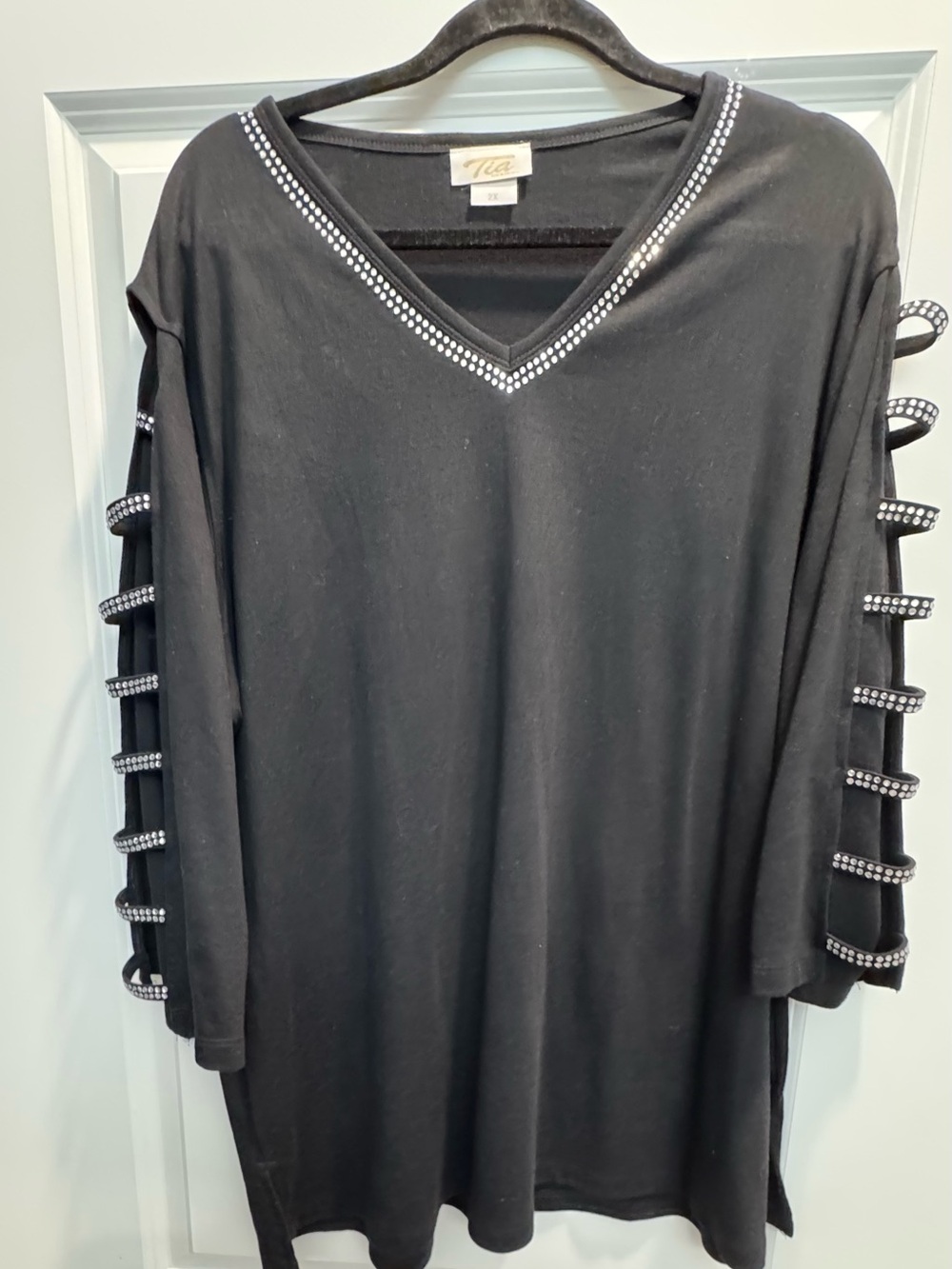 TLC Black V-Neck Tunic with Studded Ladder Sleeves